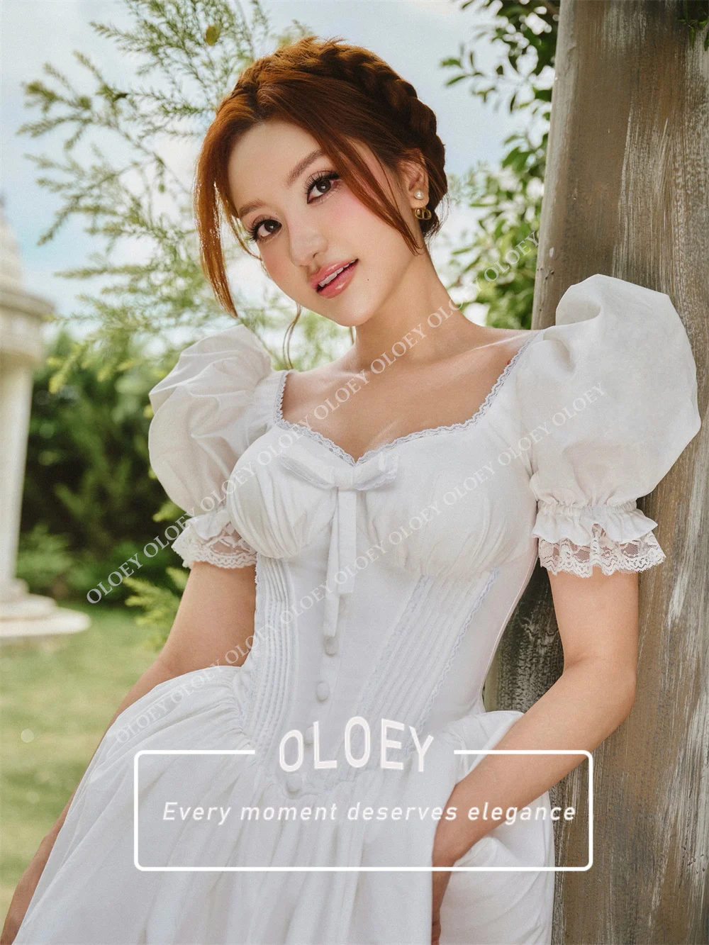 OLOEY Elegant White Taffeta Wedding Dress Sweetheart Neck Puff Short Sleeve Bow Detail Corset A Line Bridal Gown Customized