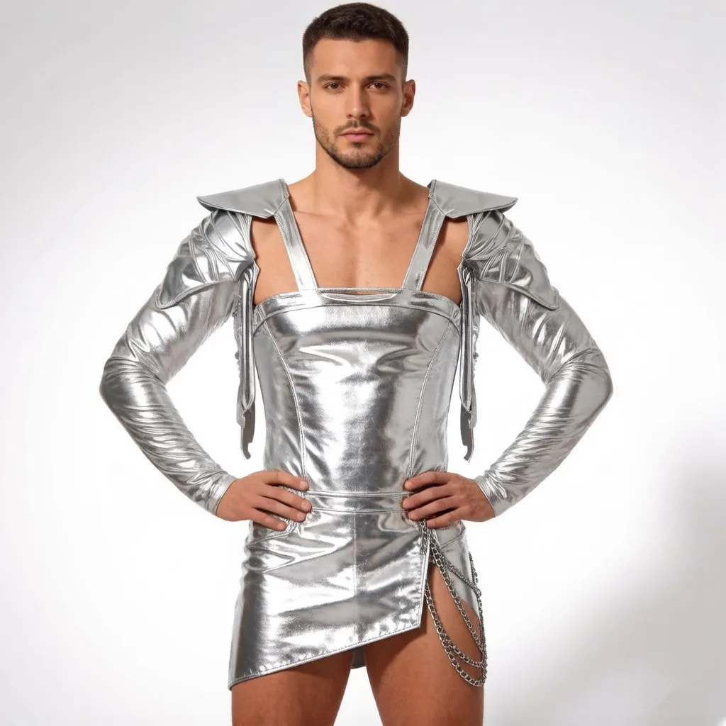 Men Metallic Shiny Fringed Arm Sleeves Crop Top Long Sleeve Tassels Epaulet Adjustable Chest Harness Tops Cosplay Party Clubwear