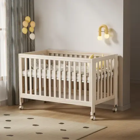11-in-1 Convertible Baby Crib With Removable Wheels, Washed Natural, 4 Mattress Heights, New Zealand Pinewood, MAMAZING