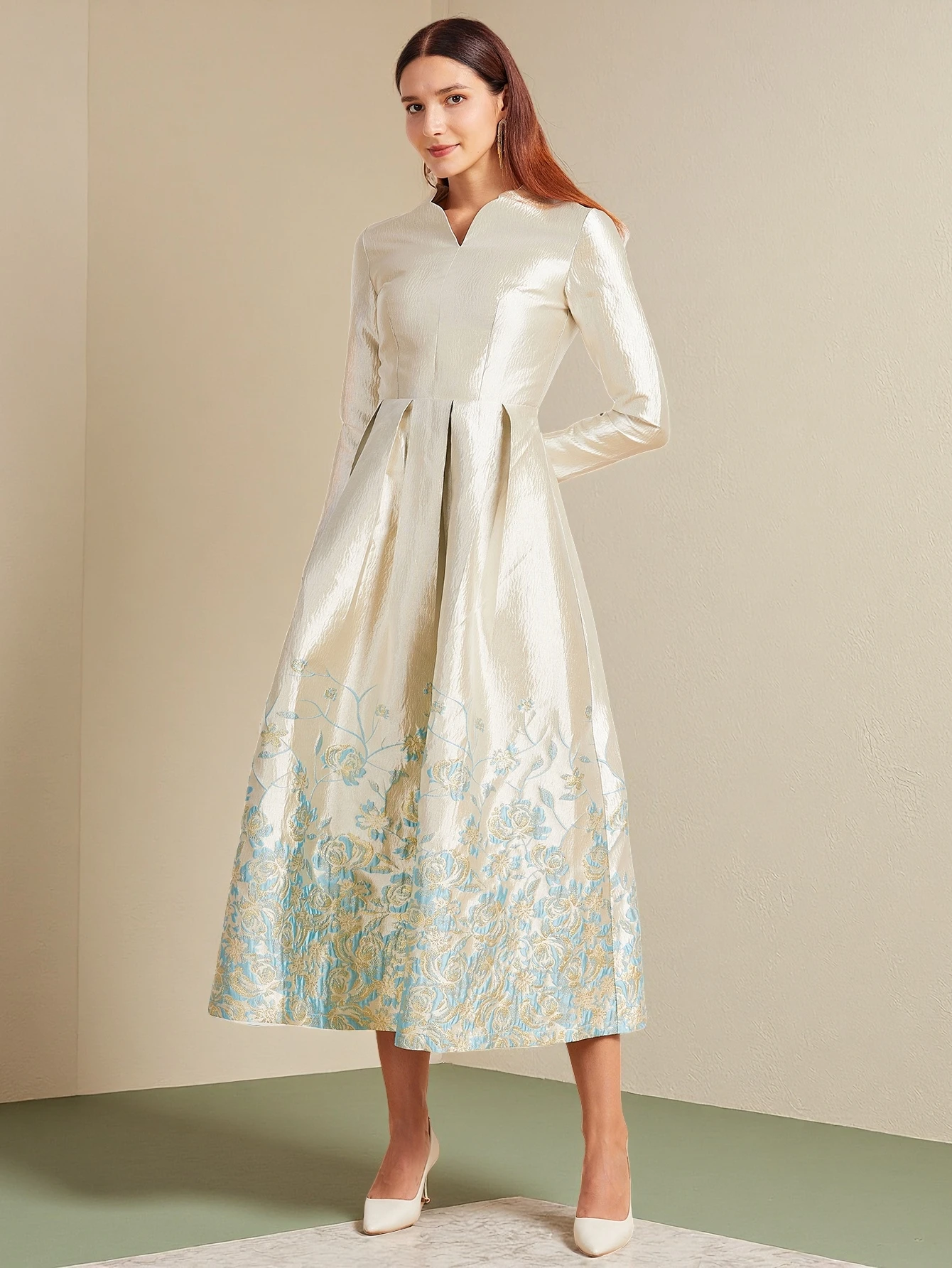 DEVCHATA Elegant Women Luxury Jacquard Long Maxi Dress Female Fashion New Arrival Floral Embroidery Evening Party Robe