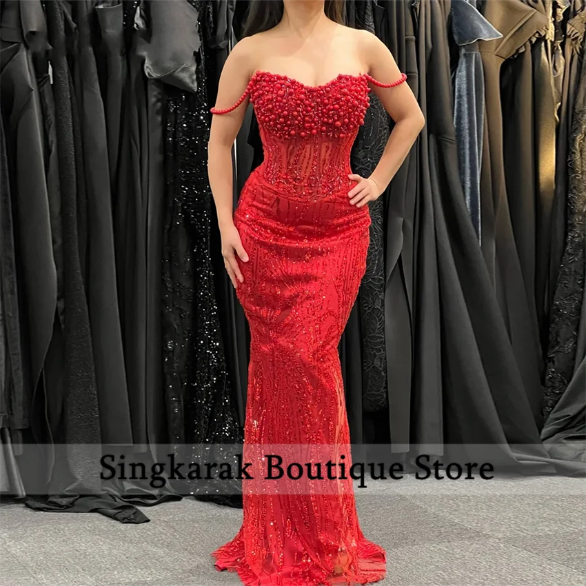 Exquisitos vestidos de noche formales rojos con cuentas de perlas y cristales, vestido de fiesta de recepción de boda, vestidos de graduación para personas mayores personalizados