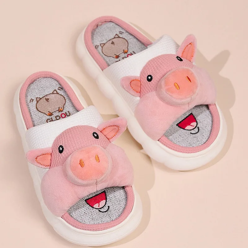 Piggy Cute Linen Slippers Women\'s Four Seasons Home Room Sweat Absorbing and Deodorant Thick Bottom Spring and Linen Sandals