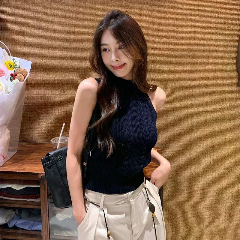 Fashionable Casual Slim Fit Elastic Halter Neck Knitted Vest For Women