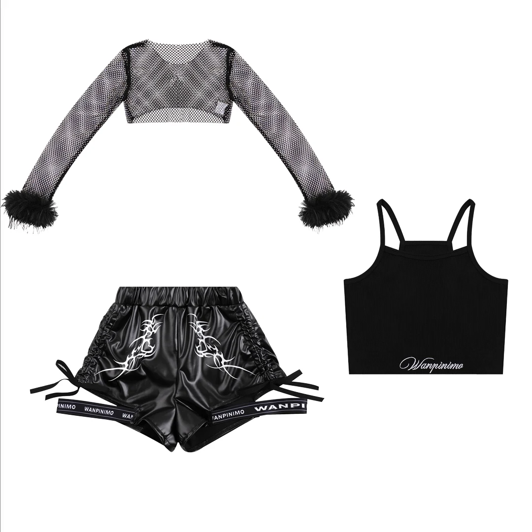 Children Hip Hop Dance Costumes For Girls Mesh Sleeved Tops Loose Shorts Suit Modern Jazz Performance Stage Clothes  DQS18018