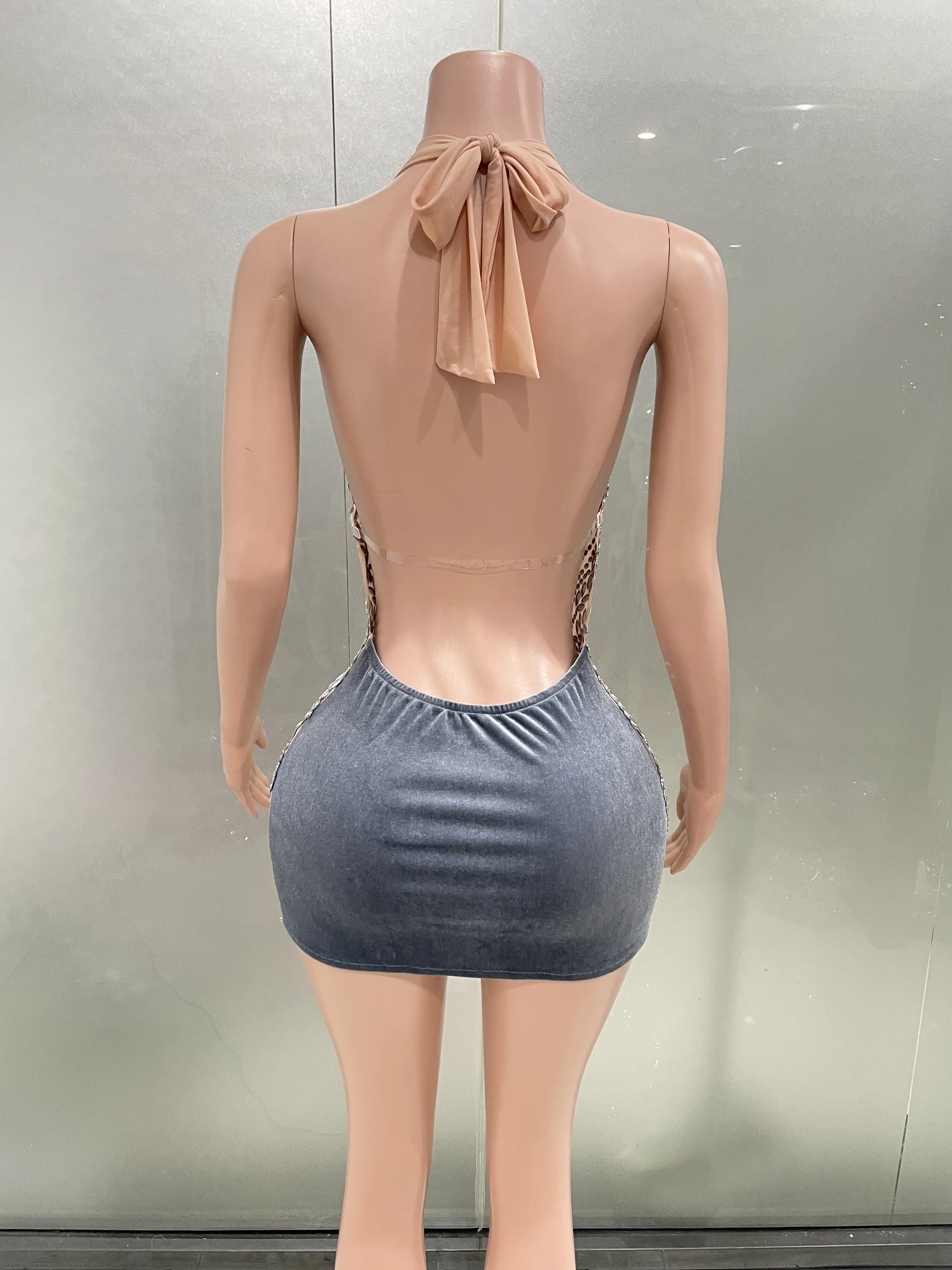 Vrouwen Sparkly Steentjes Avond Prom Vieren Verjaardag Jurk Sexy Halter Backless Mesh Korte Jurk Prestaties Stadium Slijtage