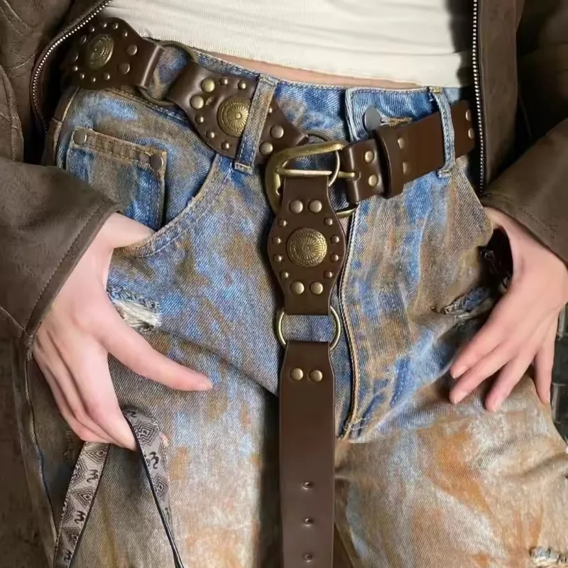 

Ремень из искусственной кожи с металлической пряжкой в западном ковбойском стиле для женщин, ретро, винтажное украшение с заклепками, игольная пряжка, широкий ремень Cinturones