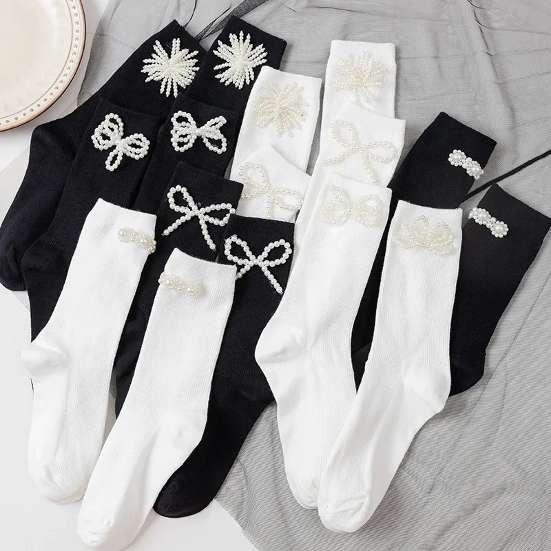 Lolita Jk Women Sweet Socks Sexy Harajuku Solid Color Girls Aesthetic Cute False Pearl Bow Sock Fashion Black White Female Sox