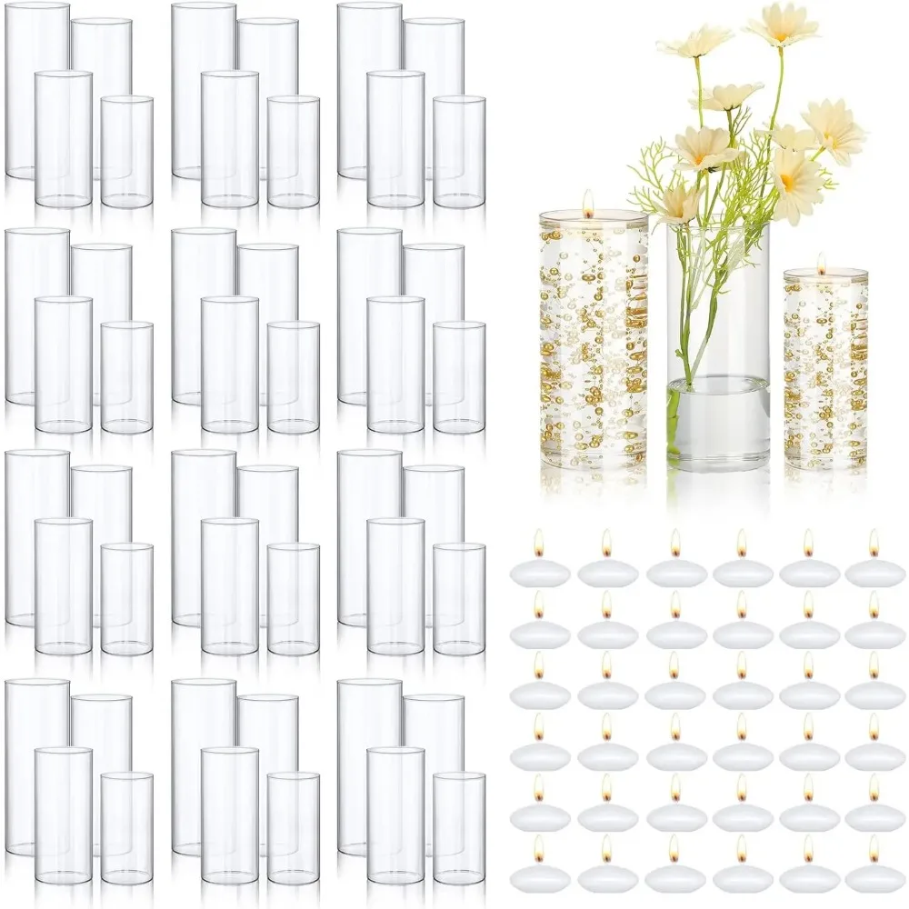 24 Pcs Glass Cylinder Vases Artificial Pearl String 48 Pcs Floating Candle Cylinder Candle Holder for Wedding Party Table Decor