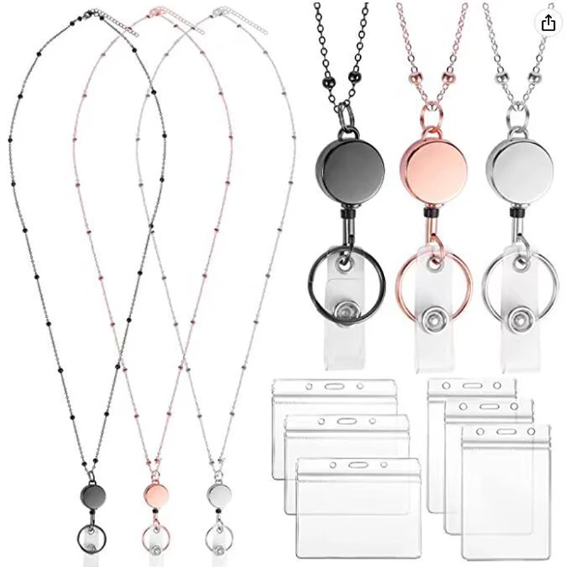 Retractable Badge Reel Lanyard ID Card Holders Stainless Steel Chain Necklaces Keychain Clip for Women Men Employee Wholesale