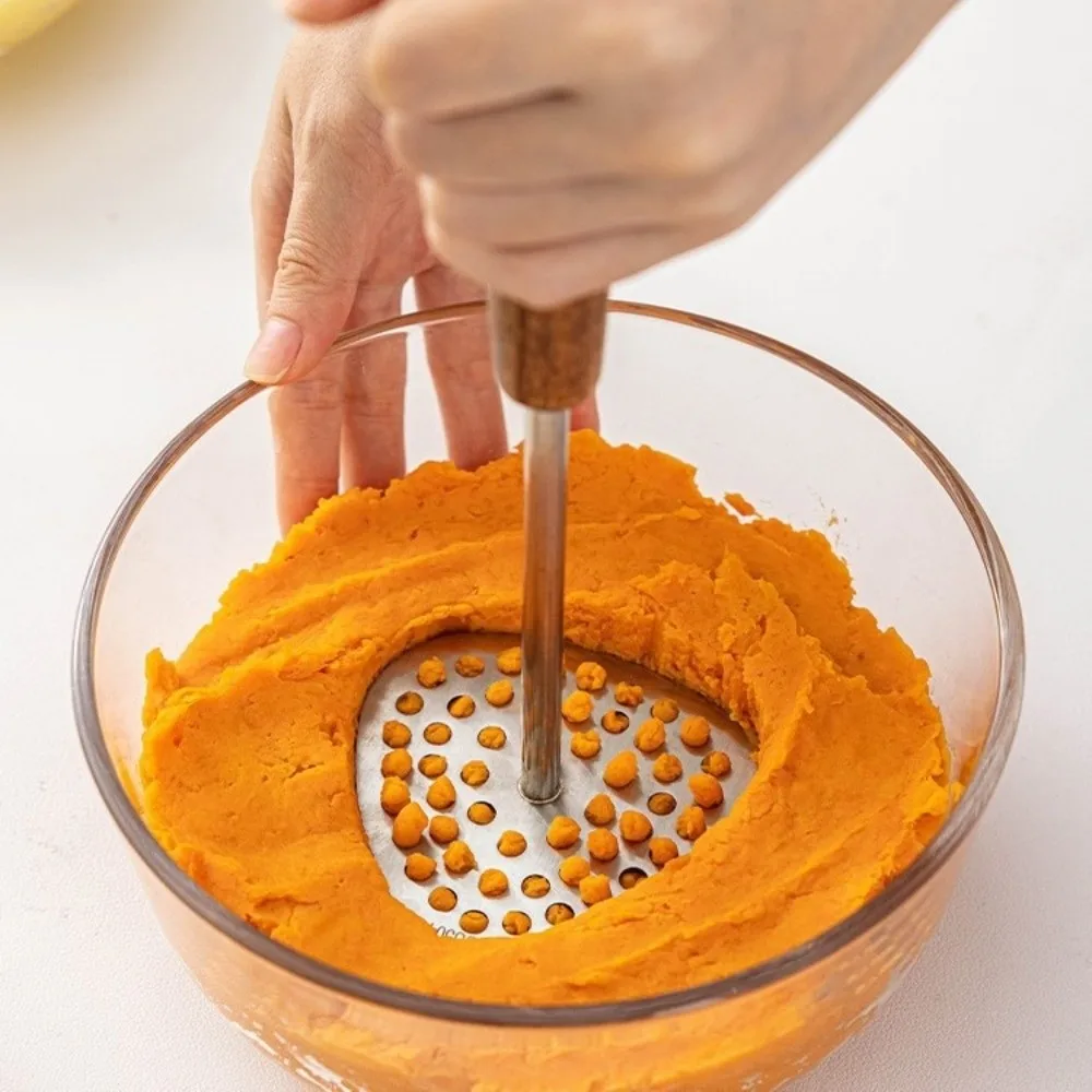 Stainless Steel Potatoes Masher Small Hole Wooden Handle Bean Smasher Tool Good Grip Multi-Purpose Kitchen Tool Kitchen