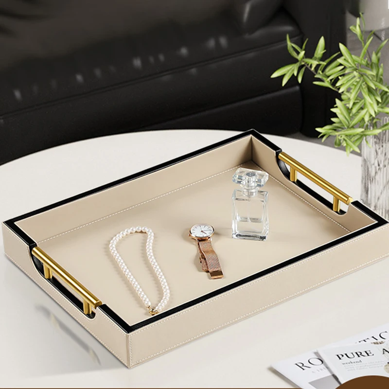Cream Leather Wooden Serving Tray with Gold Metal Handles, Rectangle Ottoman Decor Tray, Home Bathroom Vanity Coffee Table Stora