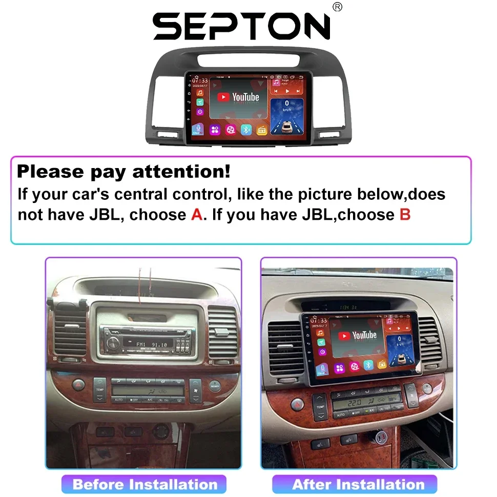 SEPTON  8+128G Android12 Car Radio for Toyota Camry 5 XV 30 2001-2006 Multimedia Player Stereos 4G Wifi Carplay Android Auto GPS