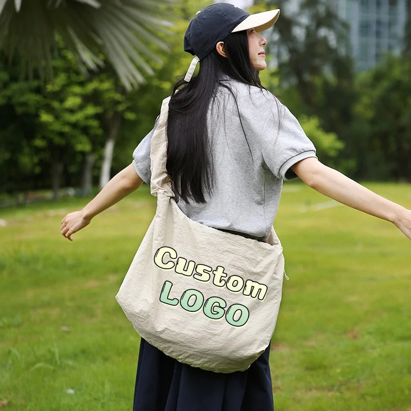 Custom Logo Ruched Strap Cloud Hobo Tote Bag Lightweight Foldable Nylon Large Capacity Drawstring Shoulder Bag for School Travel