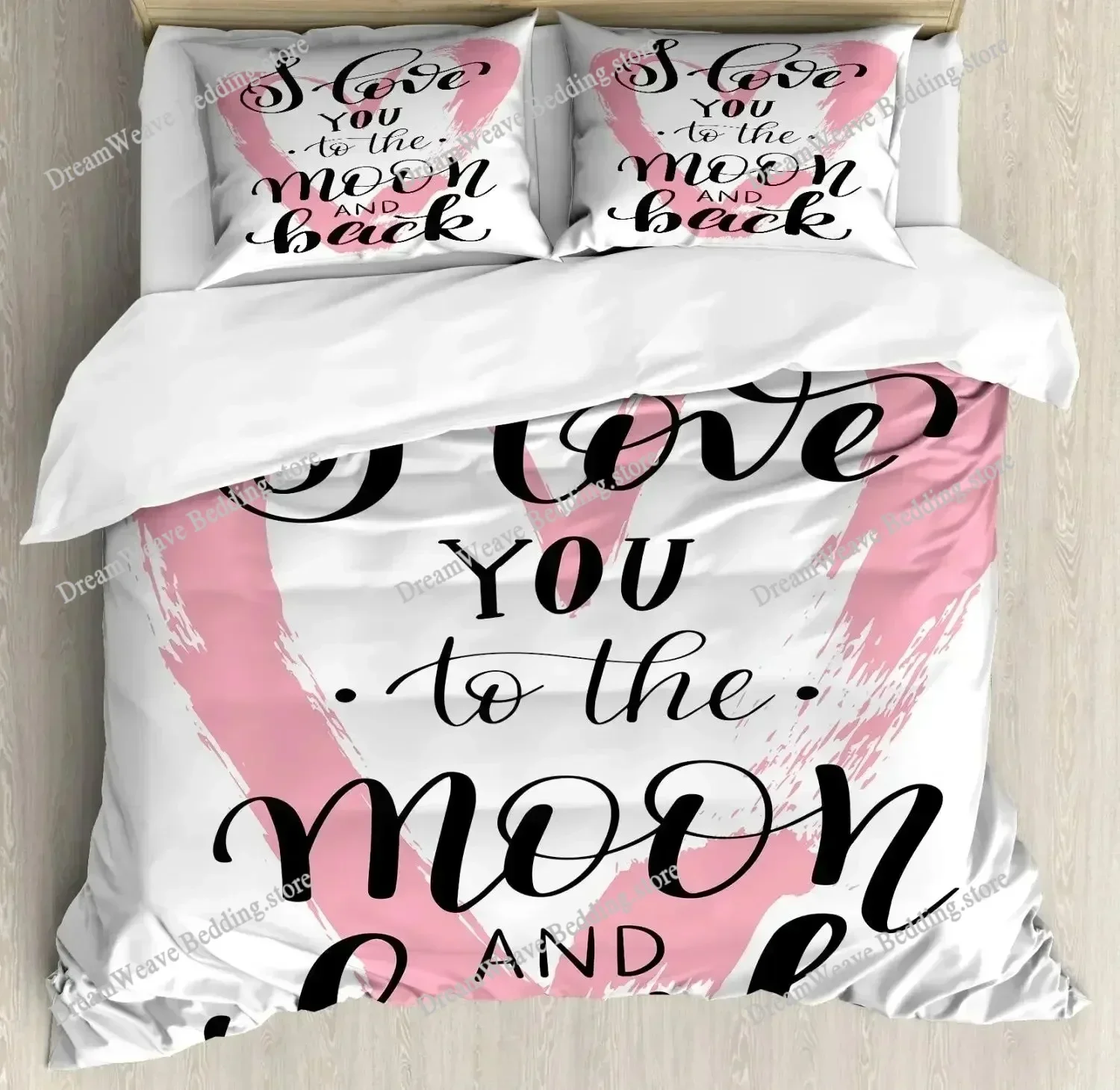 3D Print I Love You Duvet Cover Hand Drawn Moon and Back Words with Stars Celebration King Size Polyester Bedding Set592FQH