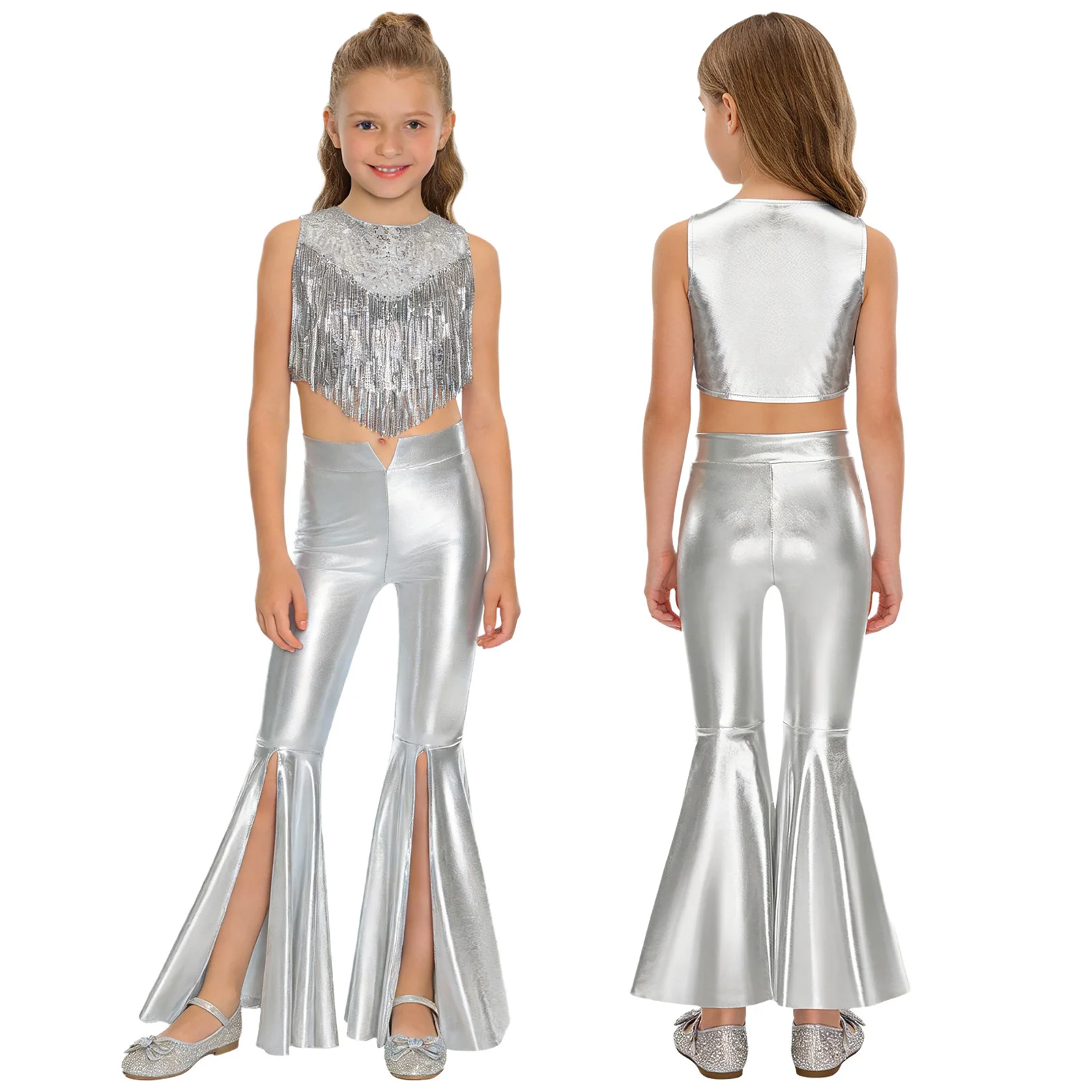 Kinderen jaren '70 Disco Dance Set 2-delig Metallic Glans Glanzende Pailletten Top met Metallic Broek Meisjes Cheerleading Competitiekostuum