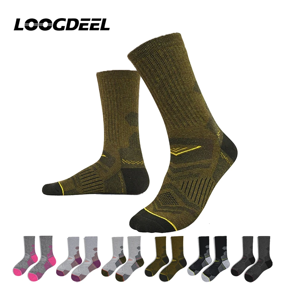 Loogdeel 1 pair Outdoor Men's Hiking Socks Thickened Terry Women's Mid-calf Merino Wool Socks Heat-retaining Warm Snow Socks