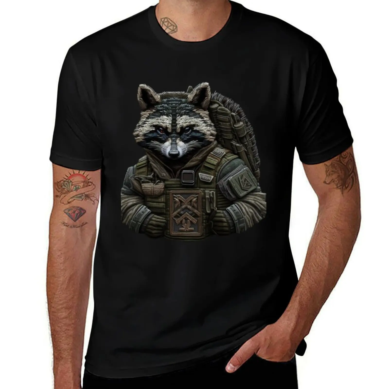 embroidered chevron with a special forces raccoon T-Shirt All Weather Casual Short Sleeve T-Shirt