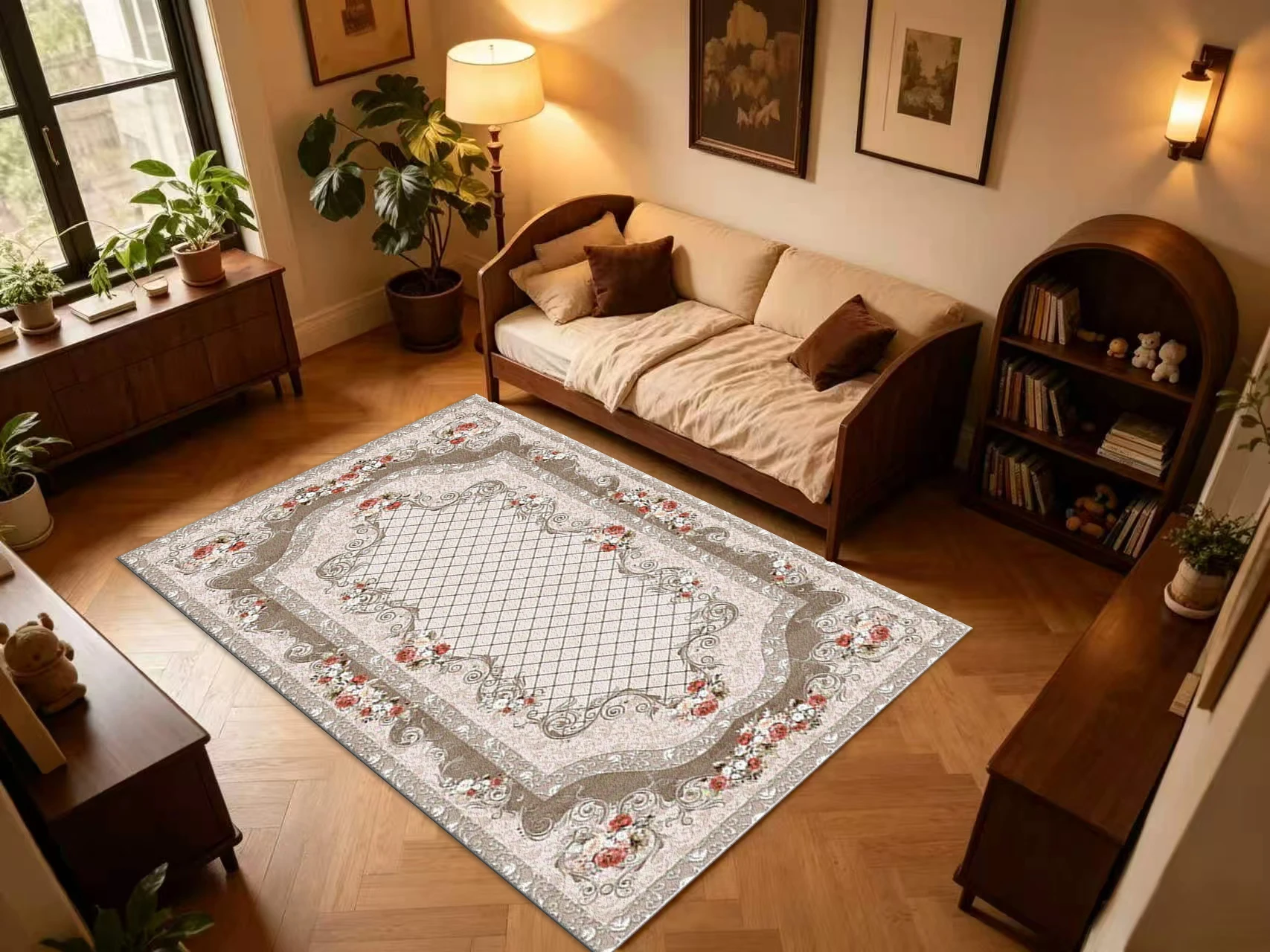 Beige Rose Floral Vintage Square Area Rug European Ornate Border Printed Floor Carpet for Living Room Bedroom Home Decor