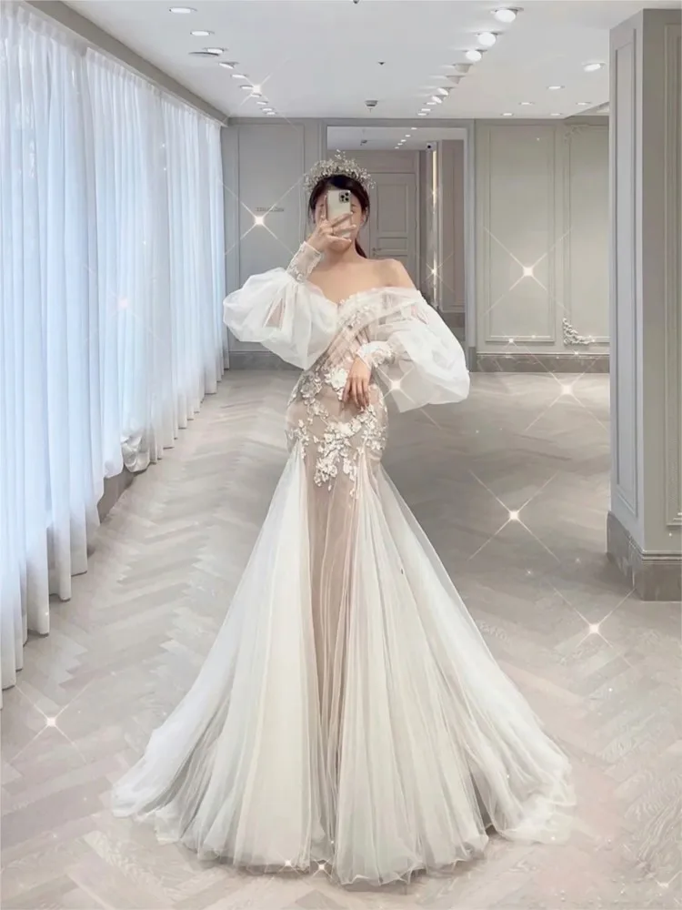 

Puffed sleeve one-shoulder light fishtail main fabric covering dress