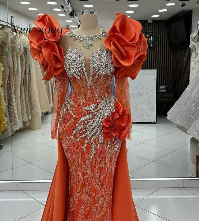 

Ярко-оранжевые вечерние платья 2 в 1, с оборками и длинными рукавами и кристаллами, 2026, элегантные платья для свадебного ужина по индивидуальному заказу