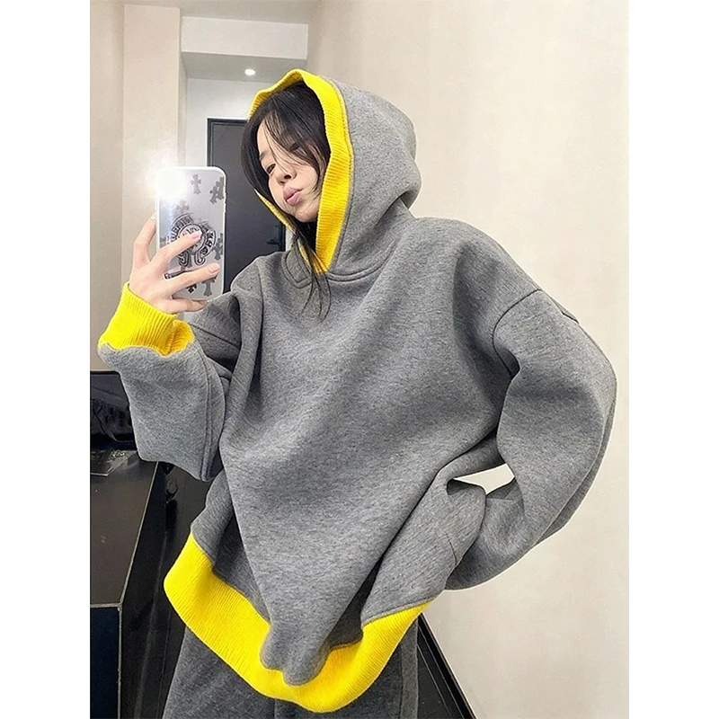 Men Gray Yellow Contrast Color Block Hoodie Oversize Loose Lazy Casual Hooded Sweatshirt Winter Fashion Streetwear Outer Coat