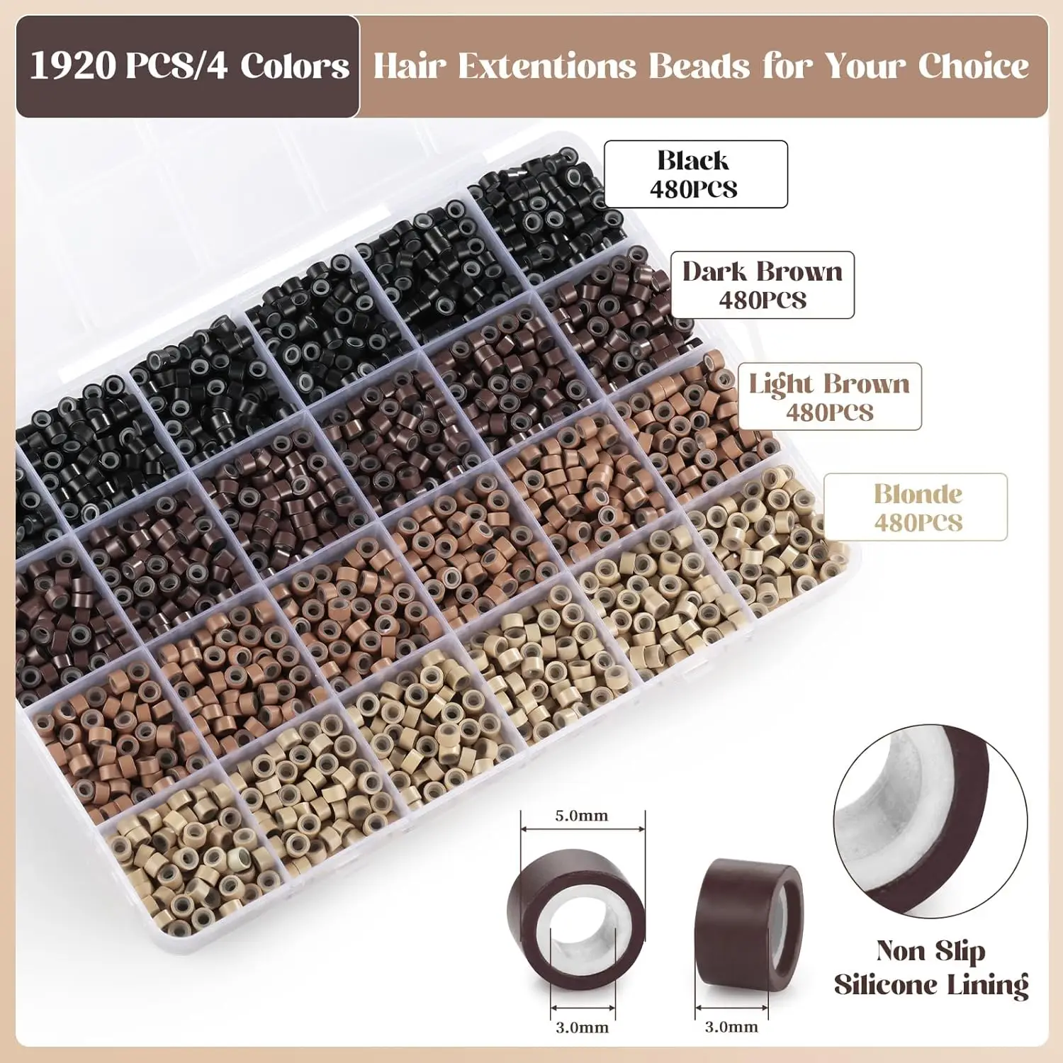 1920/1000Pcs Silicone Hair Extensions Beads,Lined Micro Links Beads, 4/5Colors Rings Hair Extension Device Tool Kits