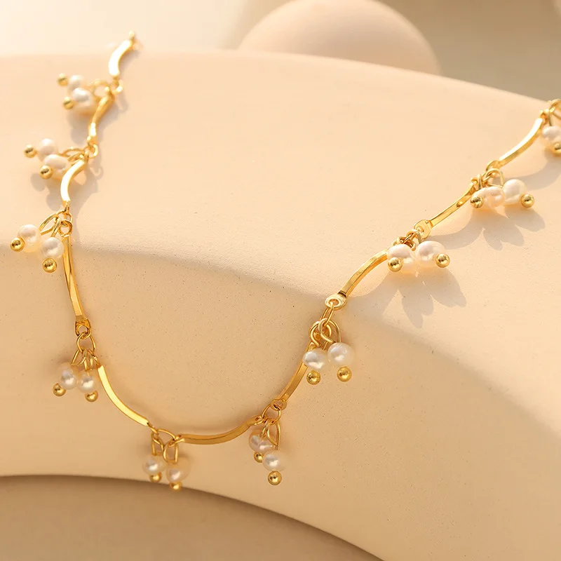 Multi Freshwater Pearl Charms Necklace In Stainless Steel With 18k Gold Plated Non Tarnish Short Necklace Choker For Women