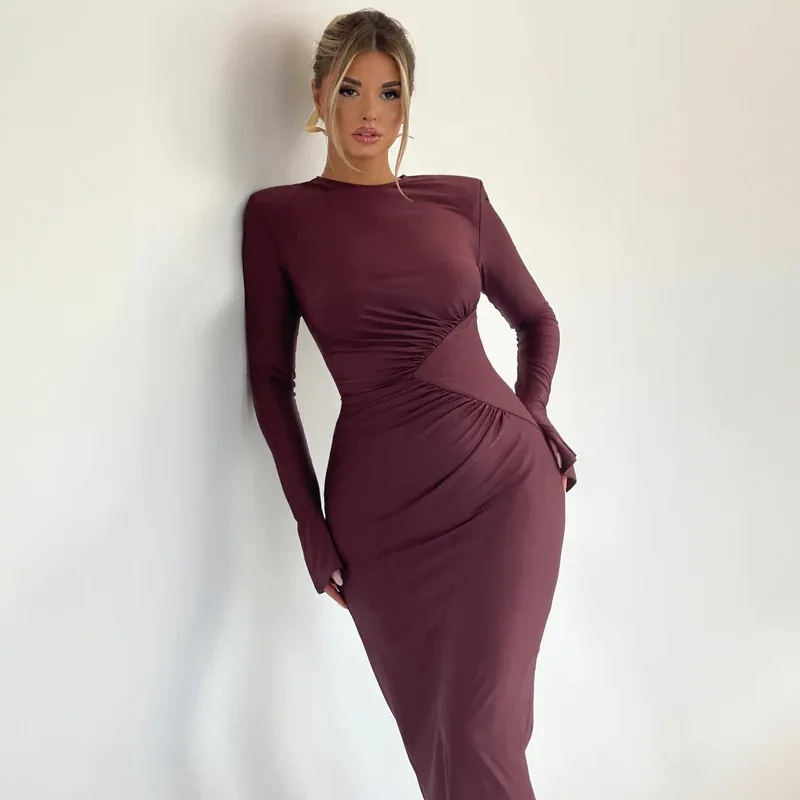 Fashionable Solid Color Round Neck Prom Dress Personalized Pleats Slim Fitting Party Gown Long Sleeves Buttocks Wrapped Evening