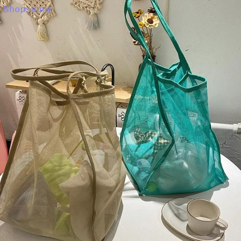 [SU]Available Large Capacity Lightweight Transparent Women's Tote Bag Mesh Shoulder Shopping Bag Versatile,black,khaki[SU]