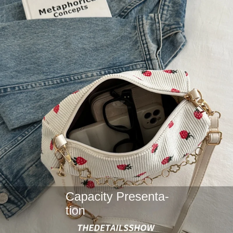 Strawberry Printed Crossbody Mini Bags Corduroy Fresh Ins Style Underarm Bag Refined Female Student Travel Shoulder Bag