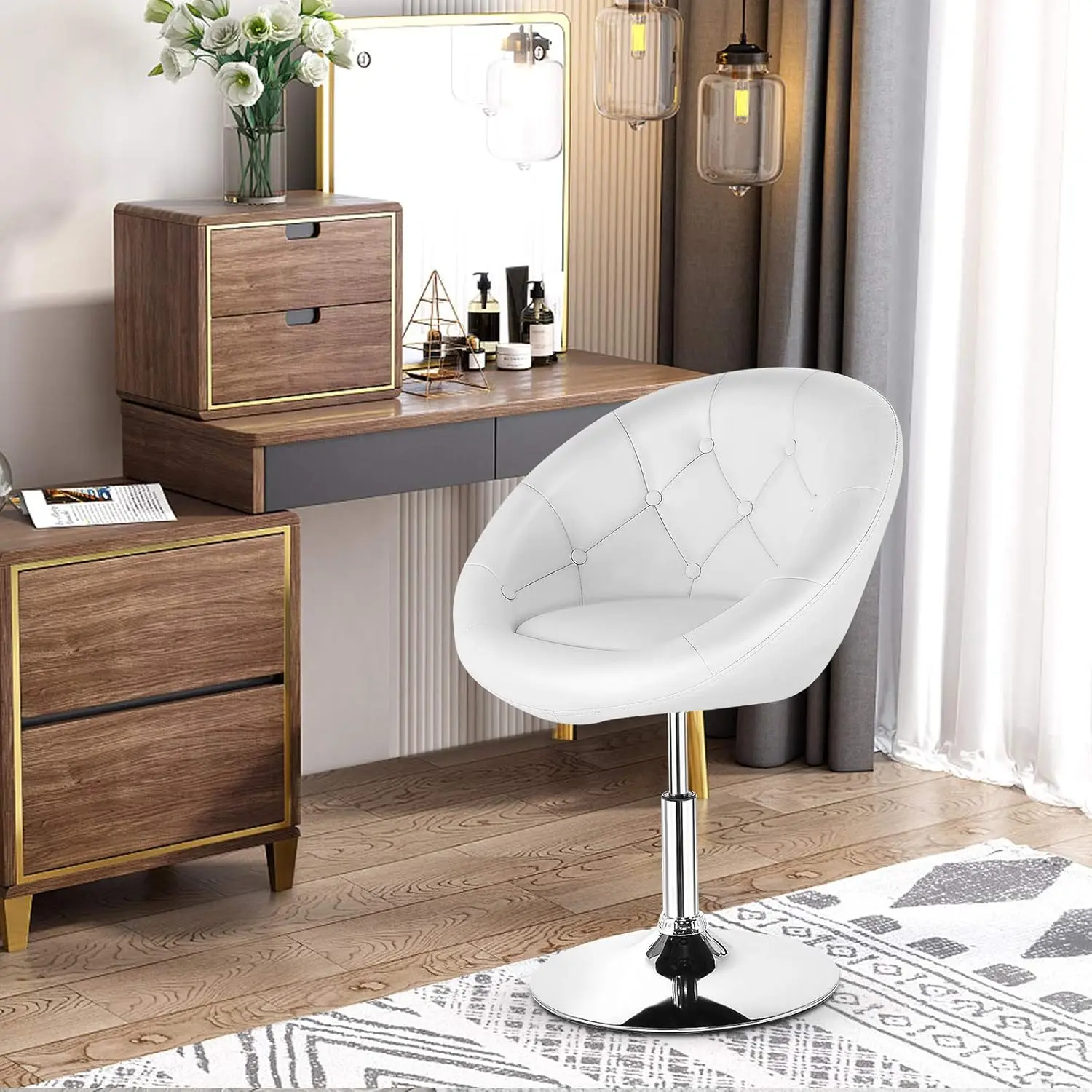 Vanity Chair, Contemporary Height Adjustable Makeup Chair with Chrome Frame, Tufted Round-Back, Modern Swivel Accent Chair