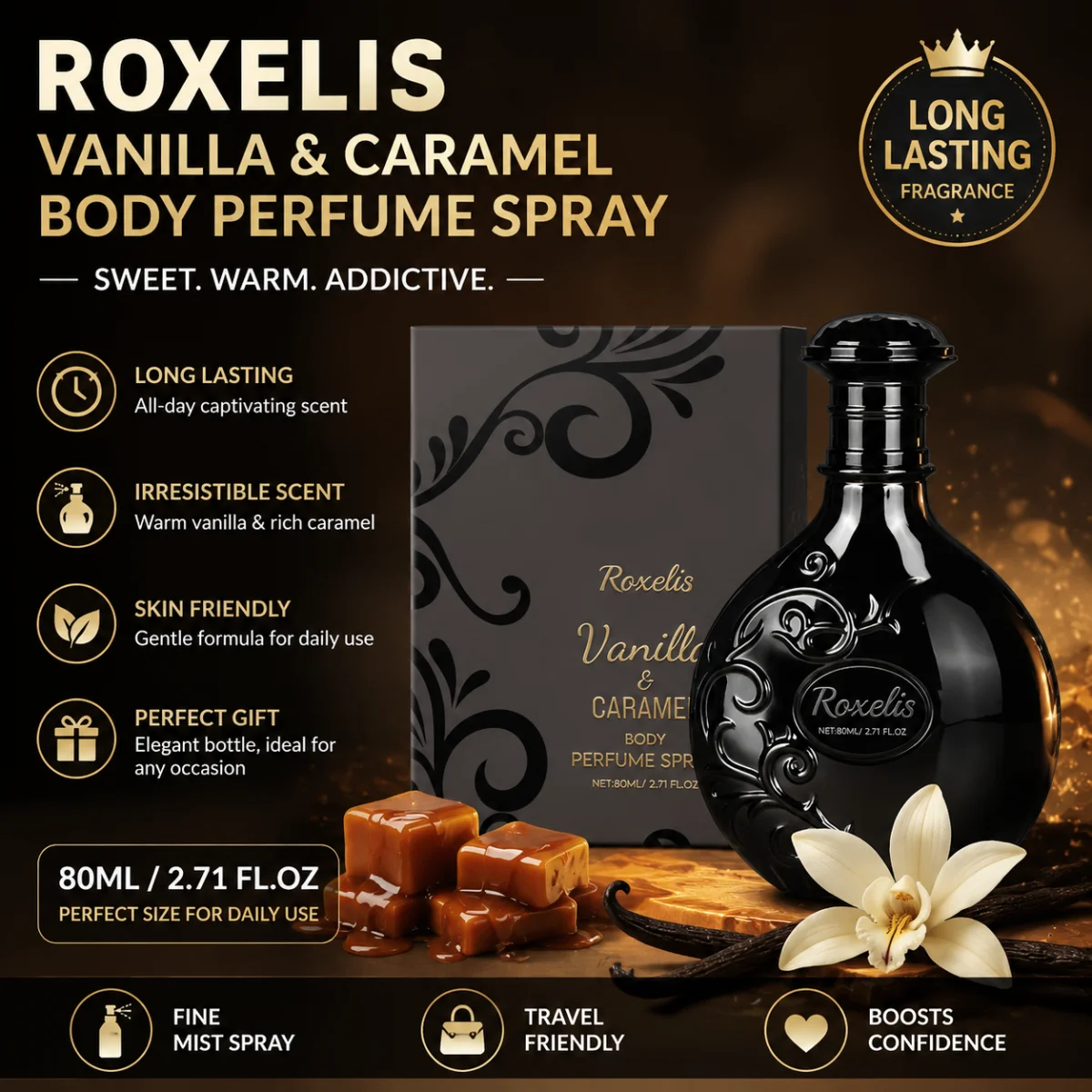 80ML Vanilla Caramel Perfume Spray for Women Long Lasting Sweet Warm Fragrance Eau De Parfum Daily Wear Elegant Gift Perfume