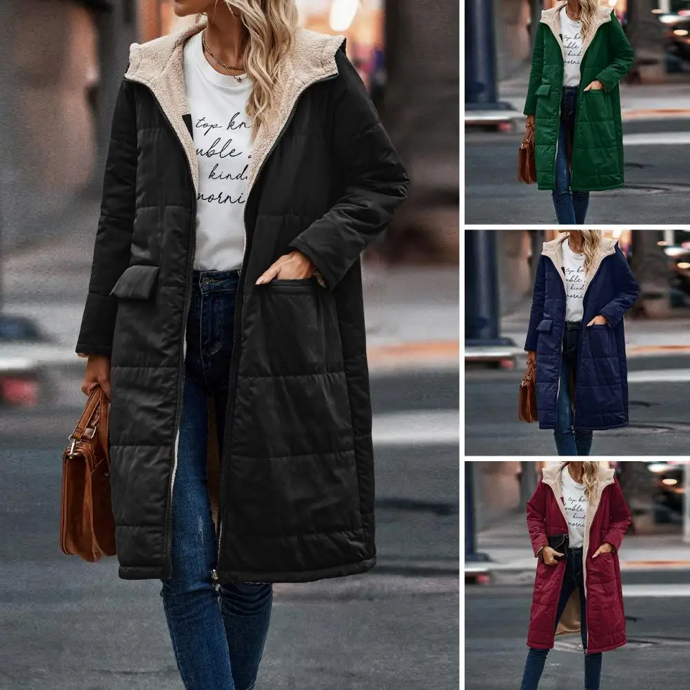 Women Winter Splicing Long Coat Hooded Long Sleeve Fleece Lining Outwear Zipper Placket Double Sided Wear Long Down Jacket