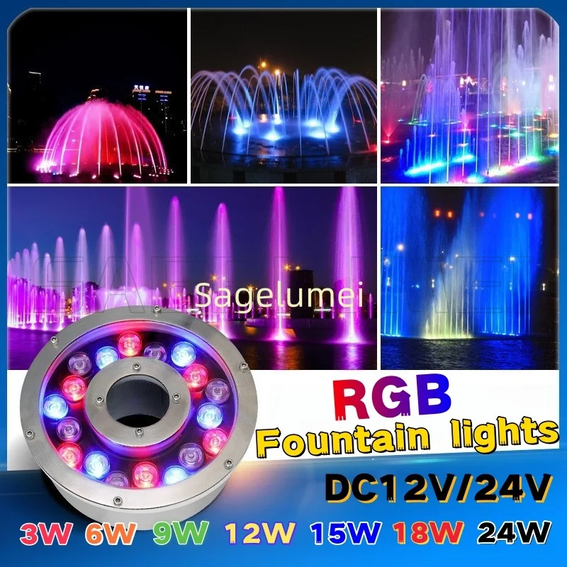 LED Fountain Pool Light RGB 3-24W With remote control DC12V/24V Waterproof IP68 Underwater Lamp Swimming Landscape Colorful Lamp