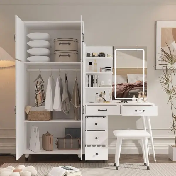 

Vanity Set with Mirror & Lights, Makeup Dressing Table with Charging Station & Cushioned Stool, Shelves & Cabinet for Bedroom