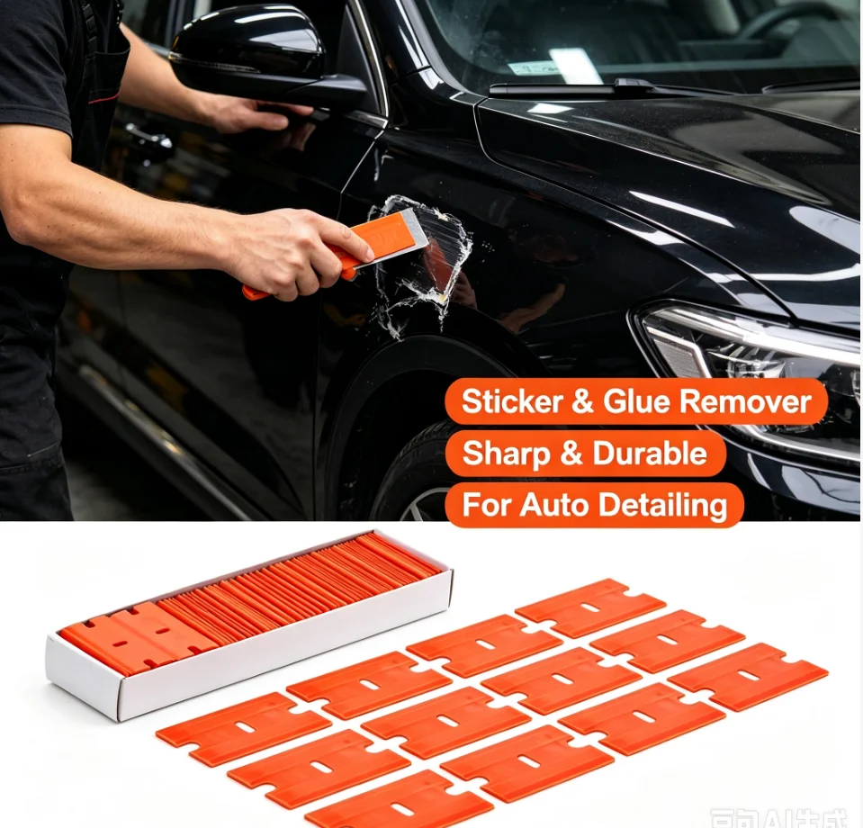 100 Pieces Two Cutting Plastic Razor Blade Label Clean Razor Glue Remover Window Glass Clean Scraper Car Wrap Sticker Squeegee