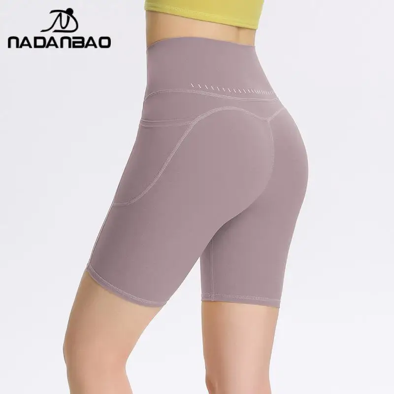 Nadanbao Women's Summer Five-Point Pants with Pocket High Waist Soft Yoga Short Peach Hip-Lifting Trousers Riding Sports Shorts