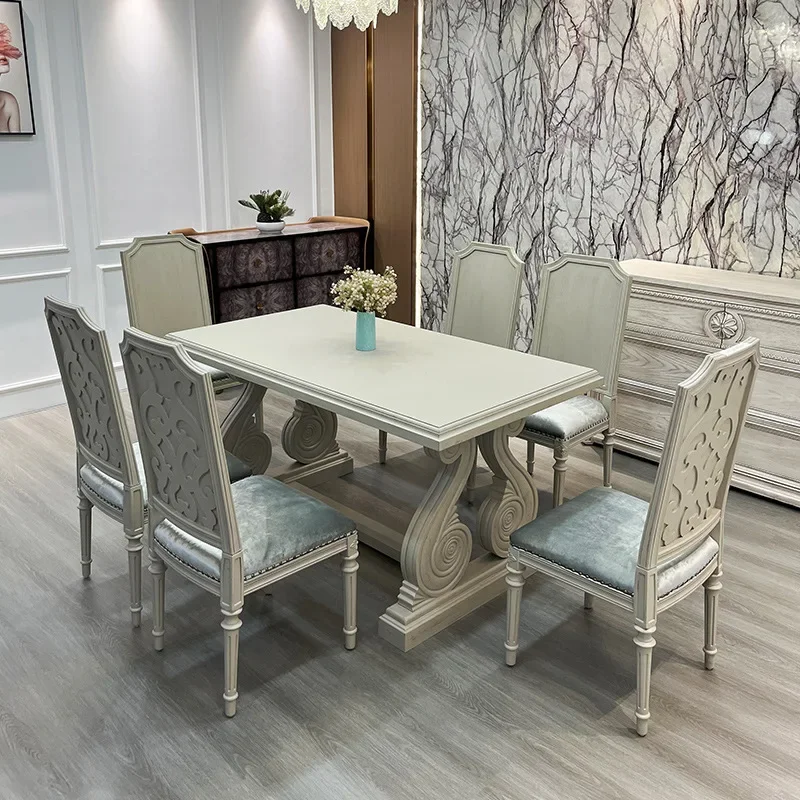Architectural revival: solid wood carved dining tables and chairs, French countryside vintage vintage rectangular dining table