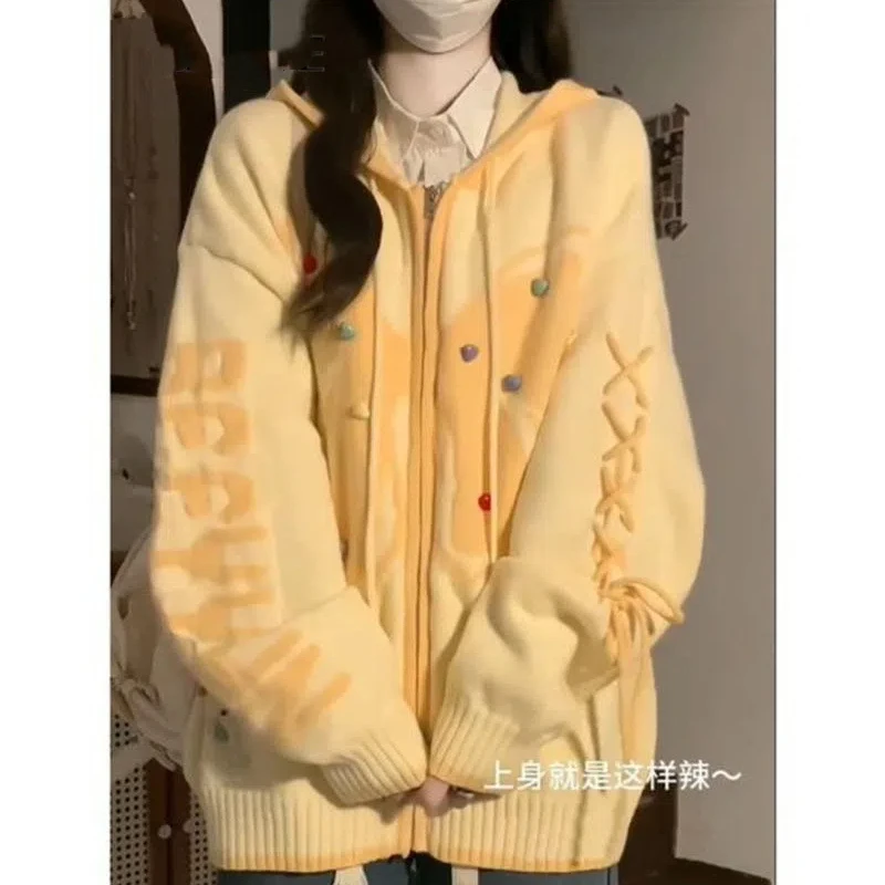 

Japanese Butterfly Strap Hooded Cardigan Milk Yellow Sweater Loose Design Knitted Sweater Jacket