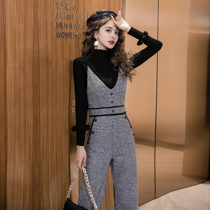 Chic Korean Houndstooth Jumpsuit Women Spring Autumn High Waist Office Lady Jumpsuits Combinaison Femme Elegant Overalls