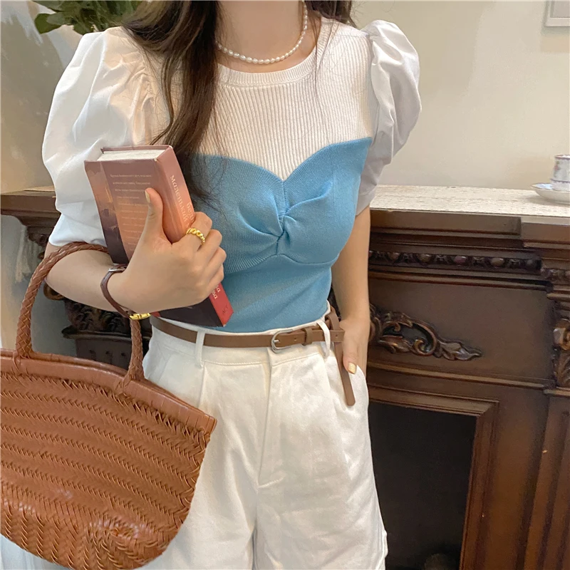 

French Puff Sleeve Fake Two-piece Short-sleeved T-shirt Women's Trend Summer Design Small Unique Short Thin Top