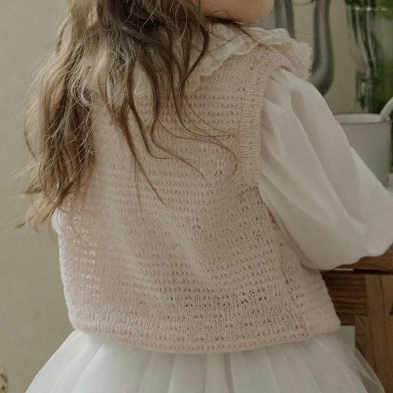 Vest Spring Korea Girls Children Clothing Lace Collar Thin Sweet Lovely Pullover 2024 Simple Sleeveless Sweet Loose