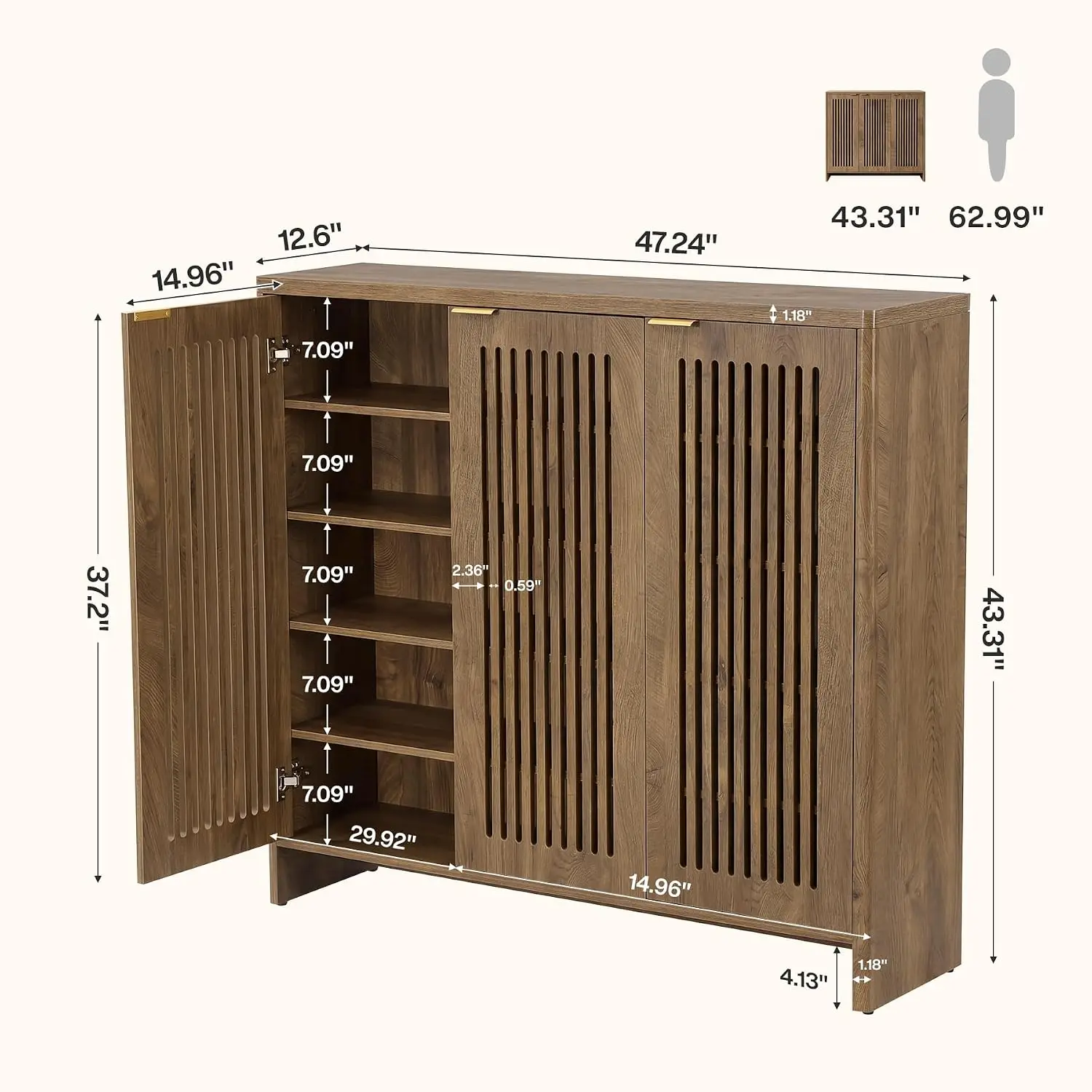 5-Tier Wooden Shoe Cabinet with 3 Vertical Slatted Doors, Adjustable Shelves 30 Pairs Storage for Entryway & Hallway, Customized