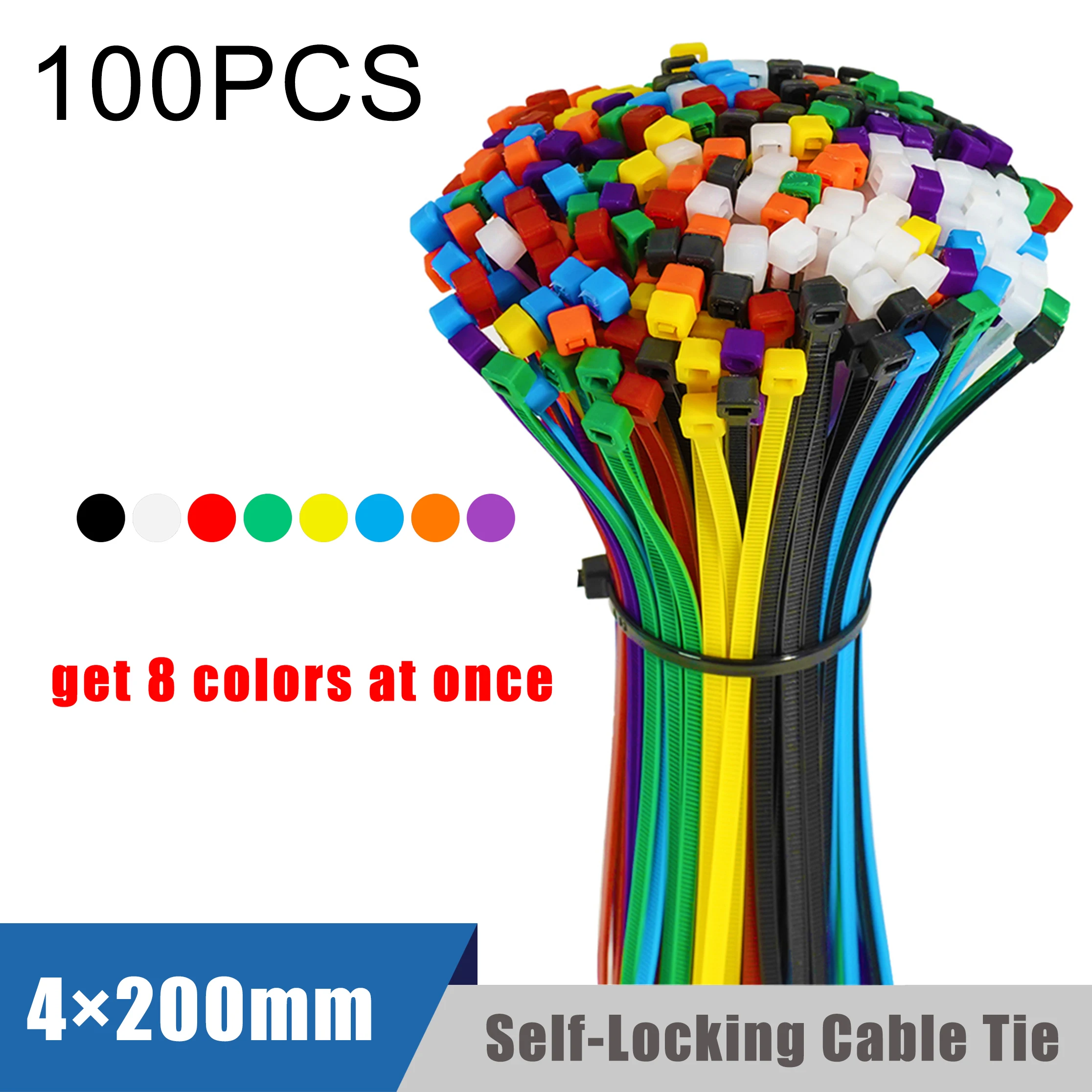 4×200 mm Size 100PCS/Bag Multicolored Self-Locking Nylon Cable Tie Quickly Bundle Plastic Loop Wire Wrap