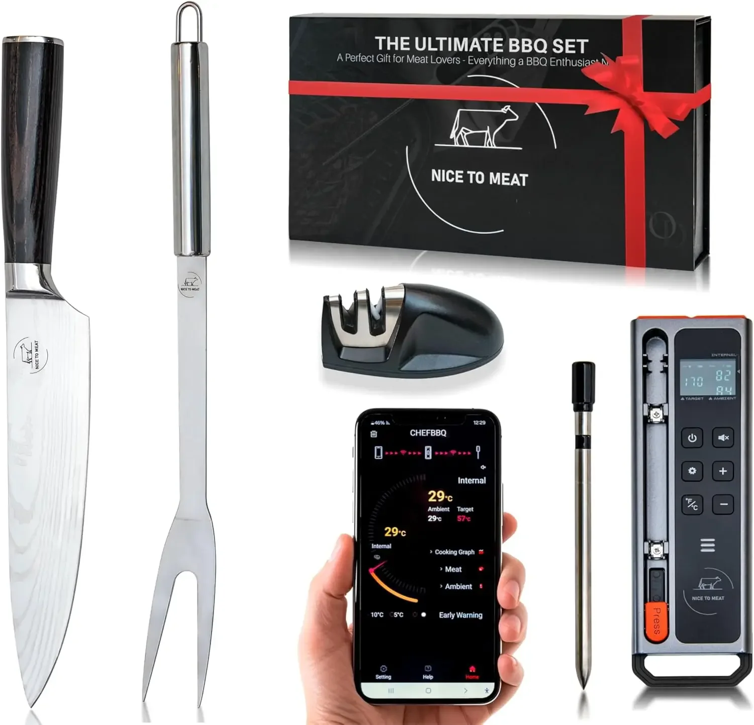 

Wireless Meat Thermometer BBQ Set with Bluetooth/WiFi, 800ft Range, Chef Knife & Fork, Gift for Men
