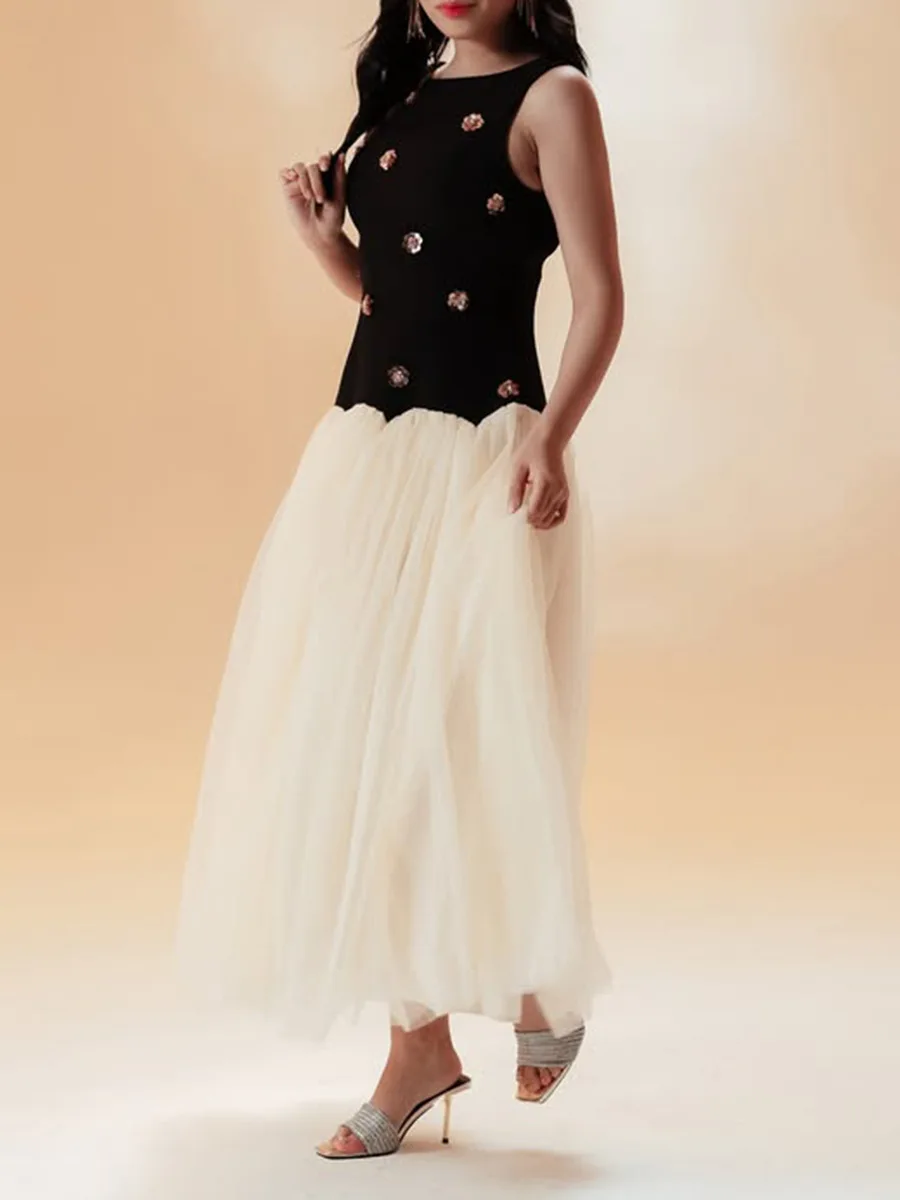 

Высококачественные лоскутные сетчатые платья, весеннее женское длинное платье без рукавов с круглым вырезом, осеннее платье длиной до колена на молнии с высокой талией