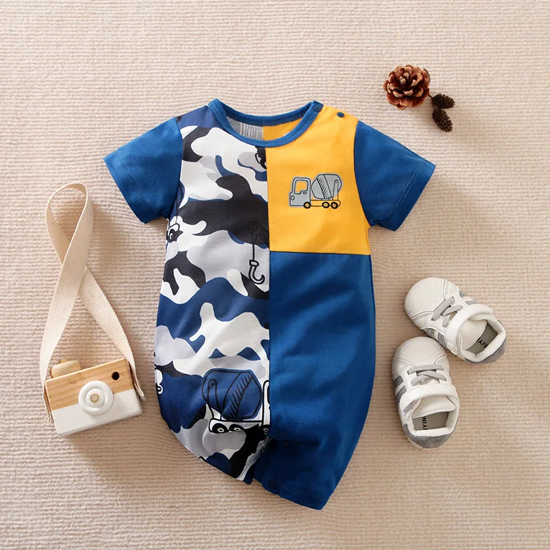 

Summer Neonatal Boys And Girls Camouflage Yellow And Blue Color Mixing Truck Print Comfortable Baby Short Sleeve Bodysuit