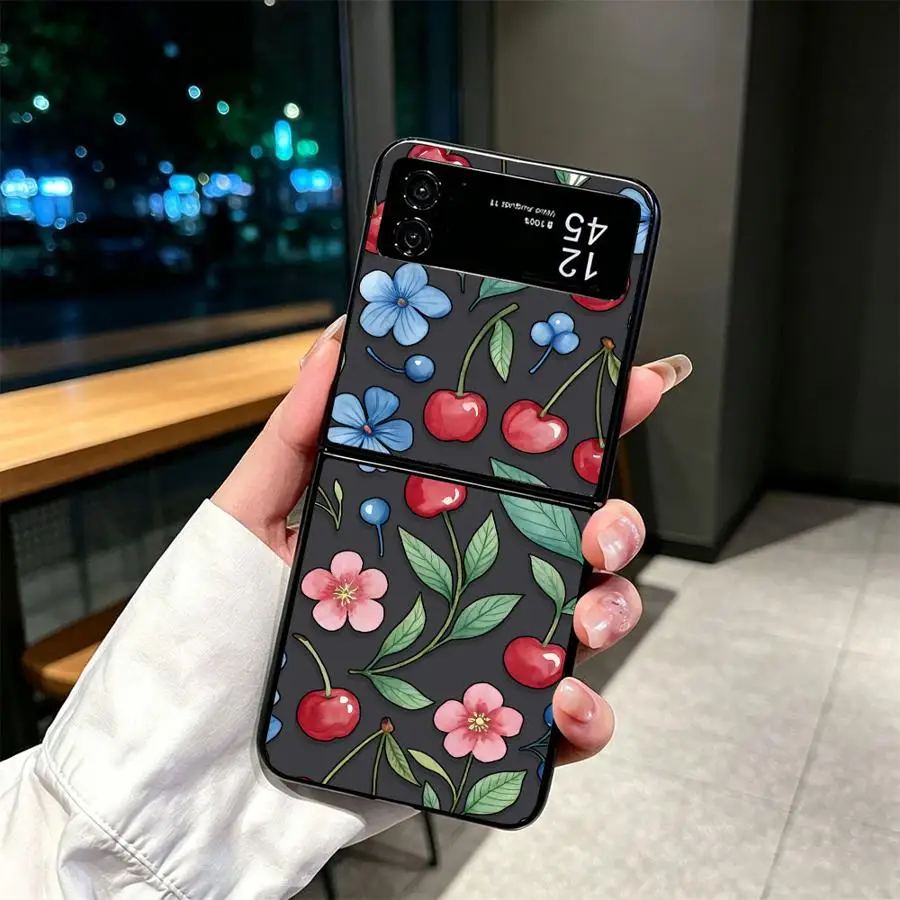Case for Samsung Galaxy Z Flip 8 Flip5 Flip7 FE Z Flip 7 6 5 4 3 Flip3 Flip6 Flip4 Back Phone Cover Funda Blue Flower Cherry