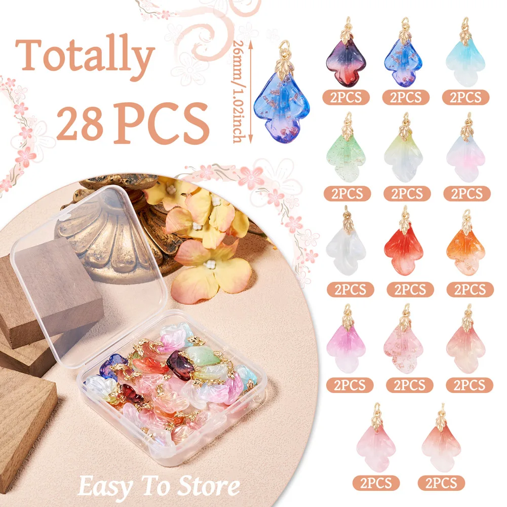 28Pcs Leaf Shape Lampwork Pendants with Brass Ice Pick Pinch Bails for Jewelry Making DIY Necklace Earrings Crafts Findings