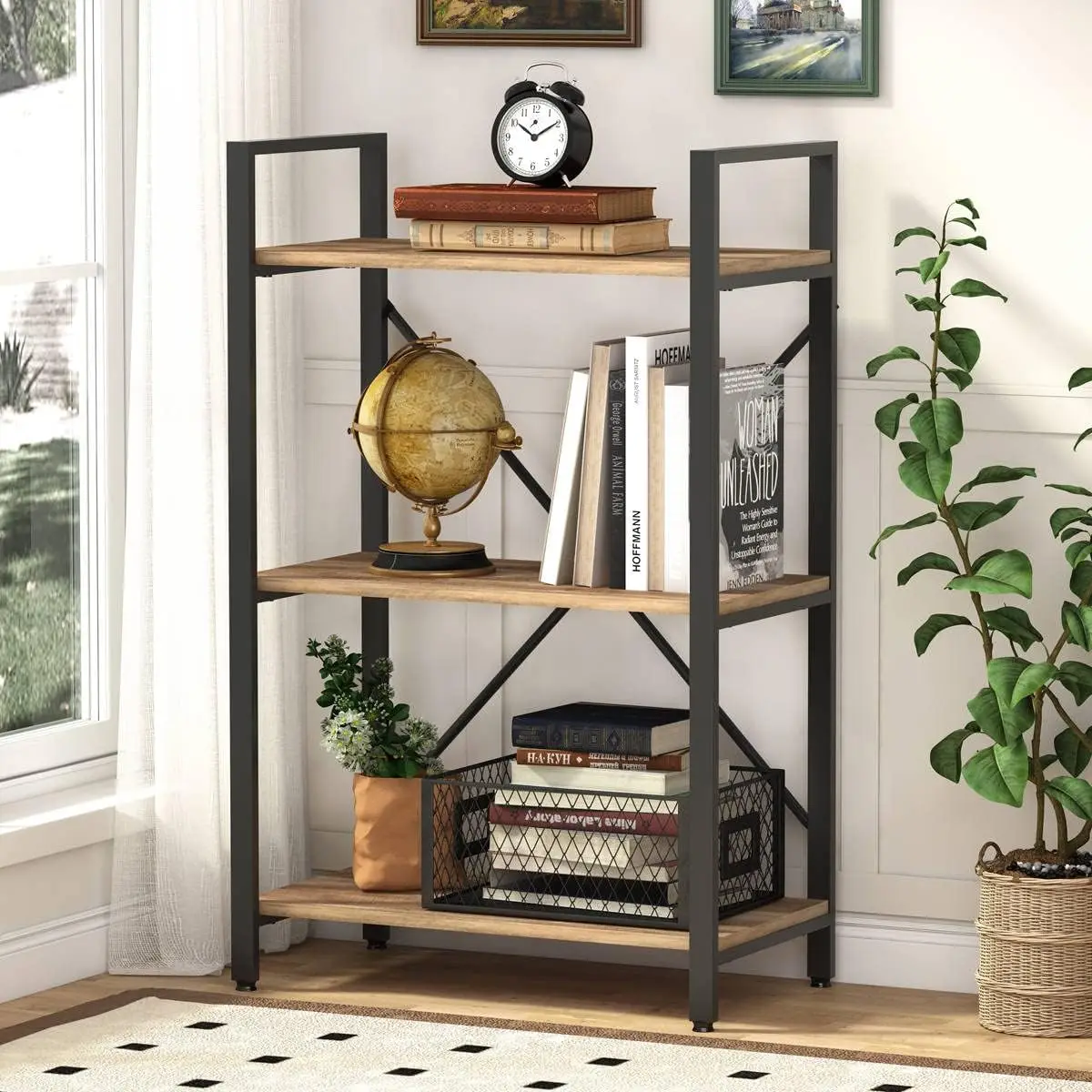 

BON AUGURE Industrial 3 Tier Bookshelf, Rustic Small Book Shelves for Small Space, Short Wood Metal Etagere Bookcase